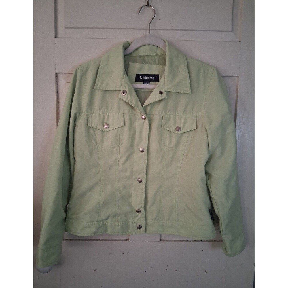 London Fog Light Green Women's Denim Style Jacket Snap Front and Flap Pockets